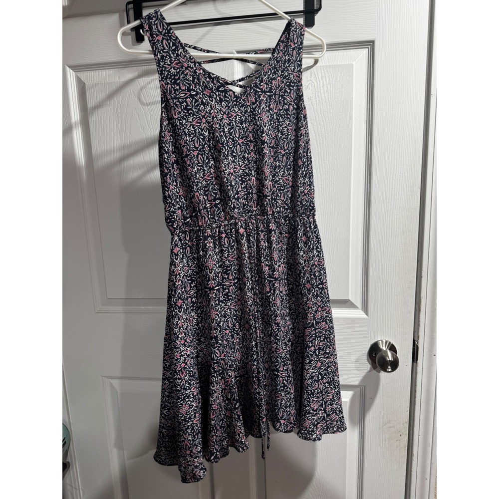 Maurices Navy Pink Floral Medallion Strappy Back Elastic Waist Mini Dress Small